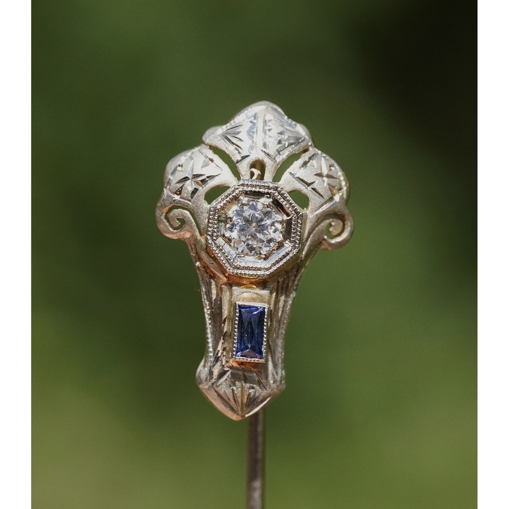 Antique 18k Solid White Gold Old Mine Cut Diamond‎ Sapphire Stickpin - Hat pin